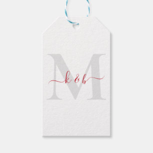 Röd & Grå Monogram Svajande Skrift Vit Presentetikett