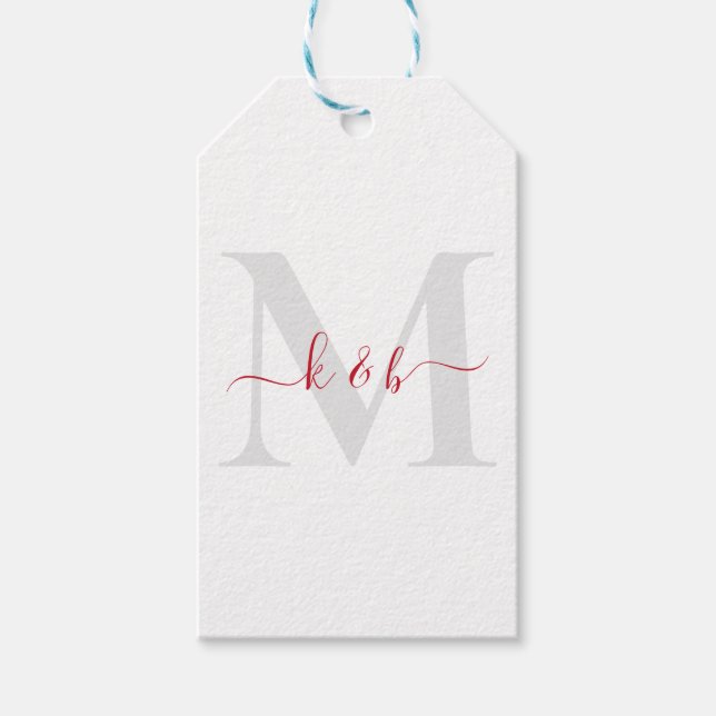 Röd & Grå Monogram Svajande Skrift Vit Presentetikett (Framsidan)