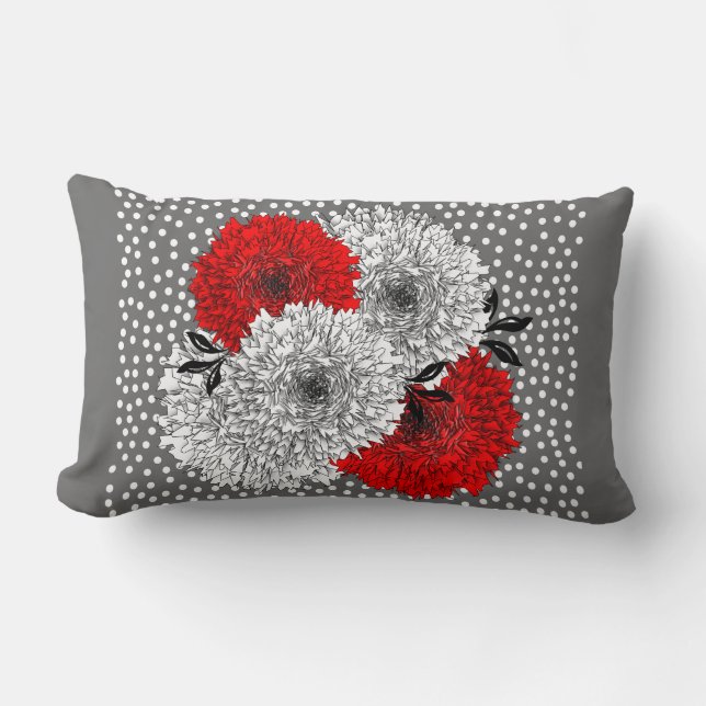Röd Grå Och Vit Blommig Polka Prick Mix Design Lumbarkudde (Framsida)