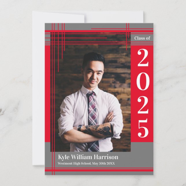 Röd Grå Skolfärg Examen Foto Plaid Inbjudningar (Framsida)