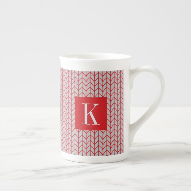 RÖD GRÅ STICKAD Benporسلinmugg + Initial II Benporslin Mugg (Höger)