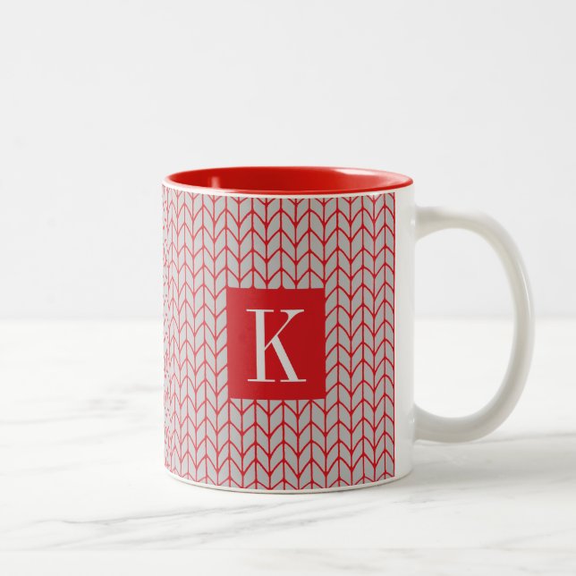 RÖD GRÅ STICKAD Röd Tvåtons Mugg + Initial II (Höger)