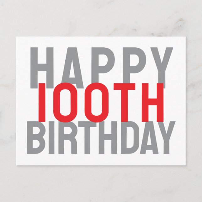Röd Grå Vit Modern Djärv Glad 100-årsdag Vykort (Framsida)