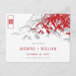 Röd Grå Zen Bambu Kinesiskt Bröllop Spara Datumet Meddelande Vykort