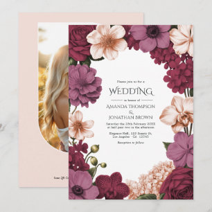 Röd granat, Rosett mauve & Peach Silk Bröllop Inbjudningar