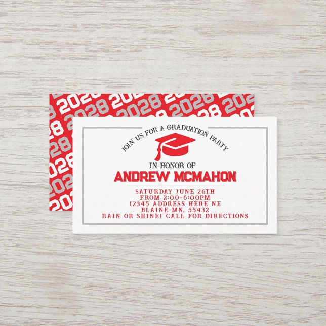 Röd & Grått Studenten Inbjudan, avisering infognin Visitkort (Red, White & Silver Grey Mini Graduation Invites for Friends, Team Mates or as Inserts!)