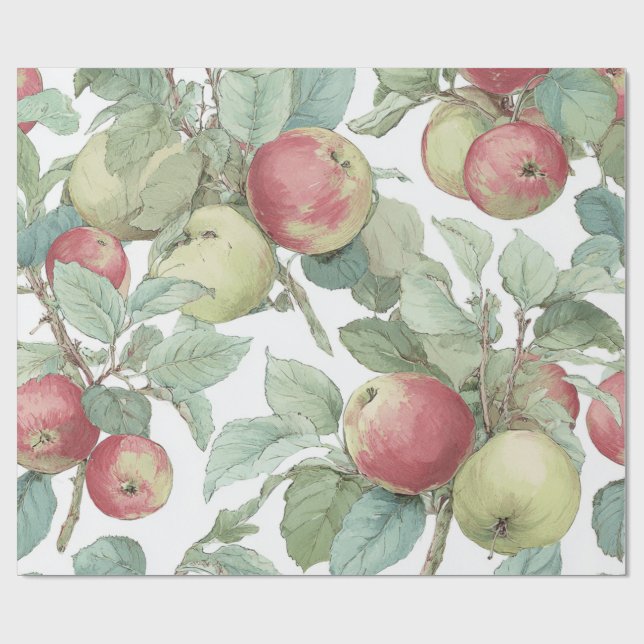 Röd Grön Äpple Frukt Mönster Akvarell Rustik  Presentpapper (Platt)