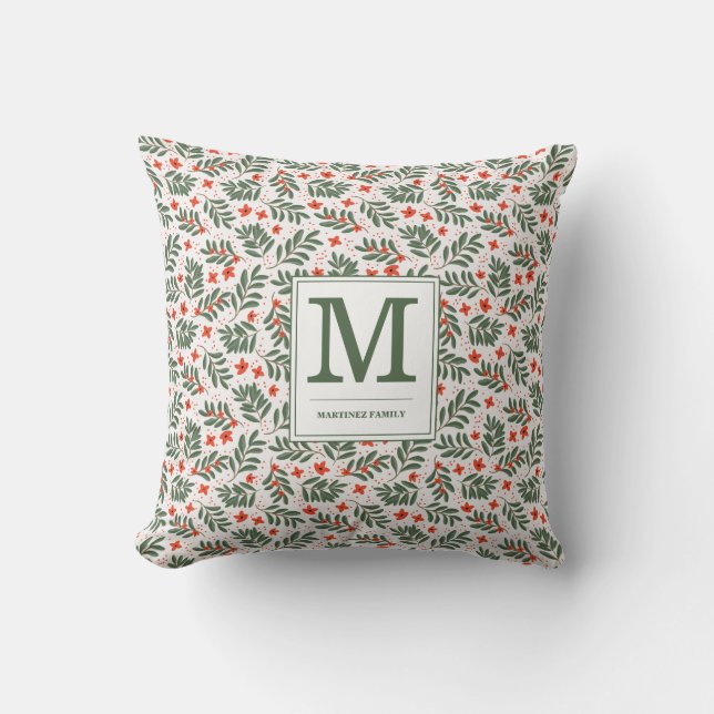 Röd Grön Botanisk Semester Monogram Namn Kudde (Framsida)