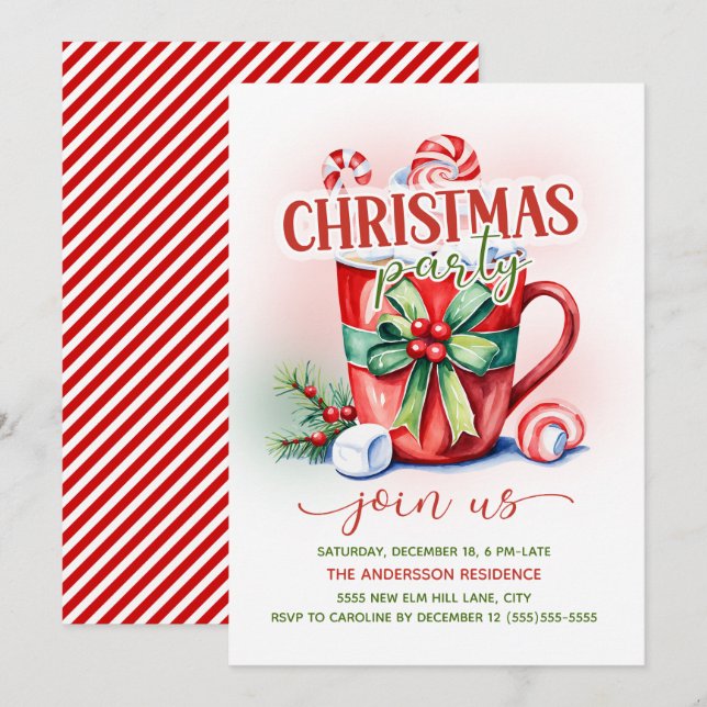 Röd Grön Candy Cane Varm Choklad Julfest Inbjudningar (Fram/baksida)