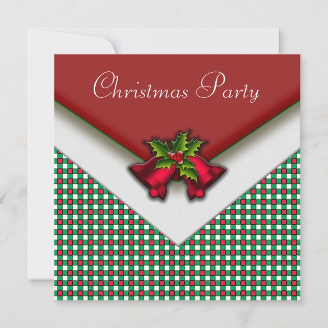 Röd Grön Gingham Röd Klockor Julgran Julfest Inbjudningar (Framsida)