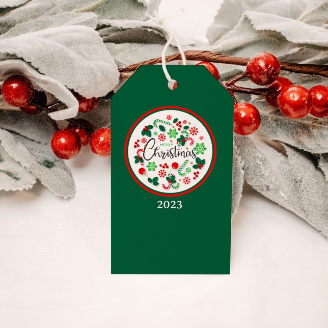 Röd Grön Glad Jul Krans Presentetikett (Skapare uppladdad)