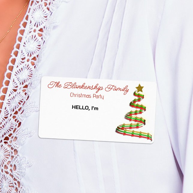 Röd Grön Guld Band Julgran Namn Skylt Fraktsedel (Party ready three ribbon Christmas tree paper label sticker name tag.)