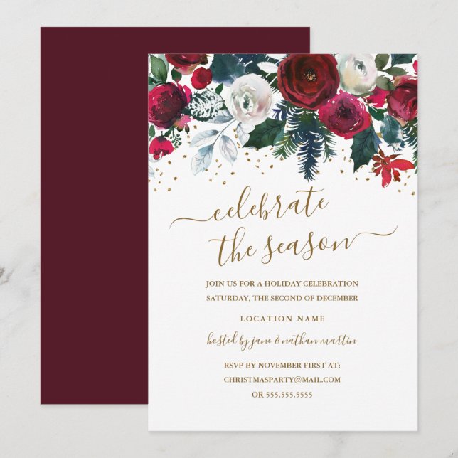 Röd Grön Guld Burgunder Blommig Julfest Inbjudningar (Fram/baksida)