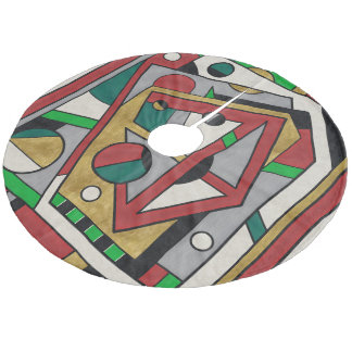 Röd Grön & Guld Geometrisk Abstrakt Julgransmatta Fleece