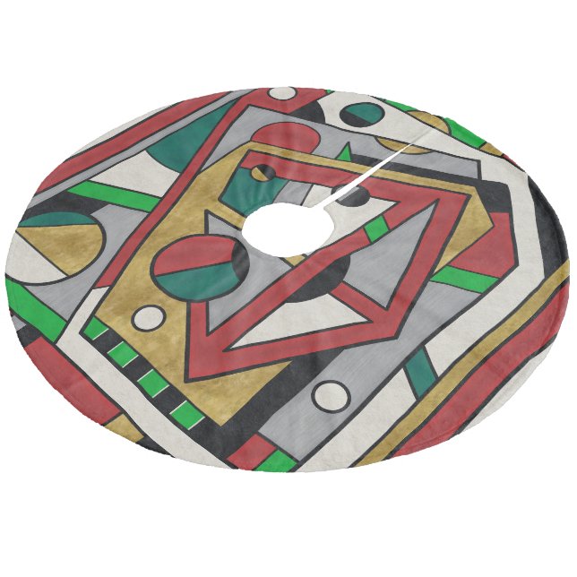 Röd Grön & Guld Geometrisk Abstrakt Julgransmatta Fleece (Vinklad)