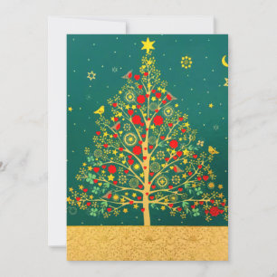 Röd Grön Guld Glitter Jul Vinter Fågel Träd Julkort