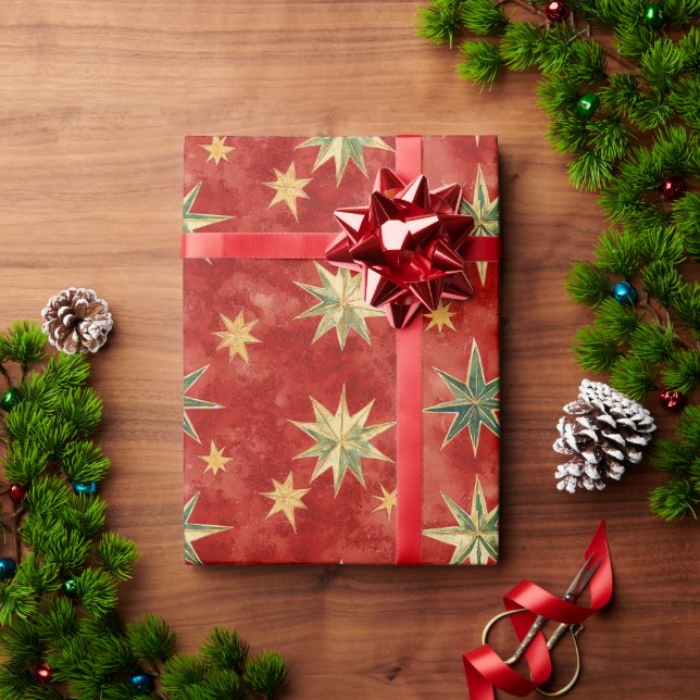 Röd Grön Guld Stjärnor Jul Presentpapper (Julgåva)