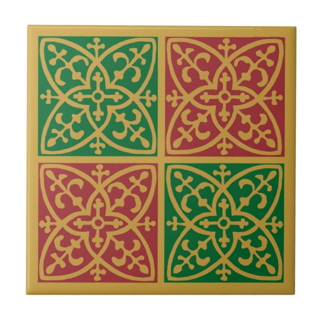 Röd Grön Holiday Fleur de Lis Mönster Kakel (Framsidan)