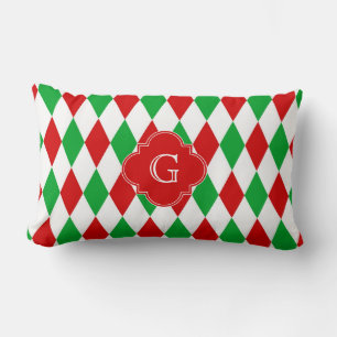 Röd Grön Jul Harlekin Quatrefoil Monogram Lumbarkudde
