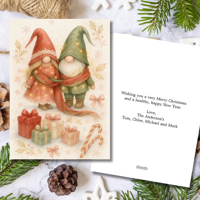 Röd Grön Jul Högtid Tomte Lyckönskningskort Julkort (Red Green Gnome couple Christmas Holiday Season's Greeting Card. Printed or Digital Download)