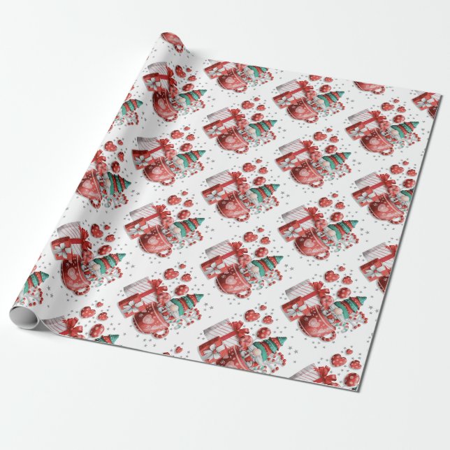 Röd Grön Jul Tomte Tekopp Hjärtan Presenter Stjärn Presentpapper (Utrullad)