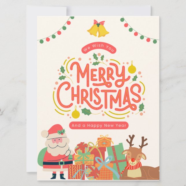 Röd Grön och Gul Modern Söt God Jul  Julkort (Framsida)