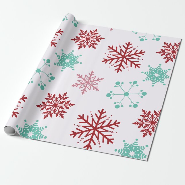 Röd, Grön och Vit Snöflinga Lane Julförpackning Presentpapper (Utrullad)