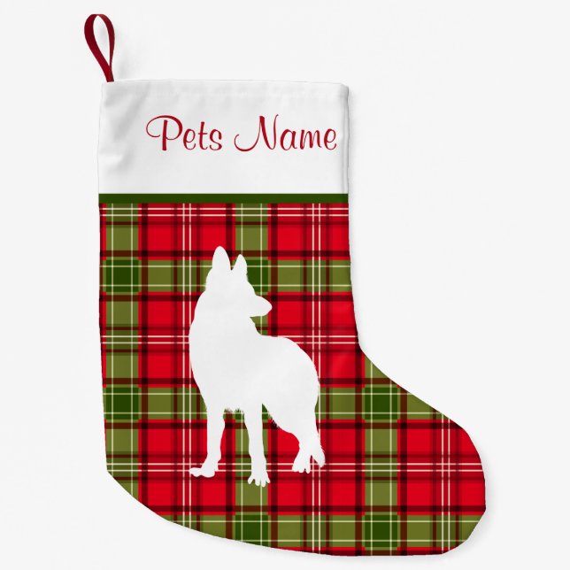 Röd & grön pläd för beställnings- hund aveln liten julstrumpa (Framsidan)