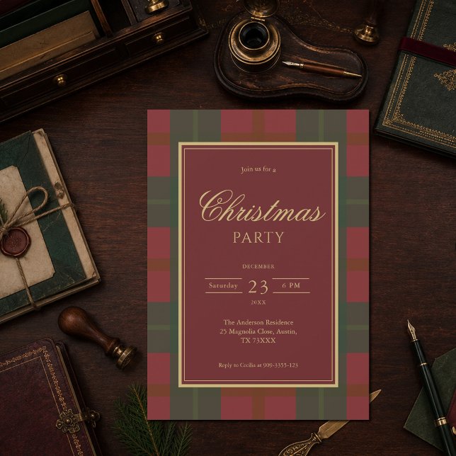 Röd Grön Rutig Klassisk Julfest Inbjudningar (Classic Tartan Red Green Family Christmas Dinner Party Invitation)