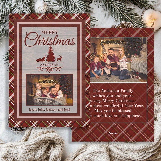 Röd Grön Rutig Tartan 2 Foto Monogram Jul Julkort (Rustic red and green plaid 2-photo "Merry Christmas" monogram greeting card)