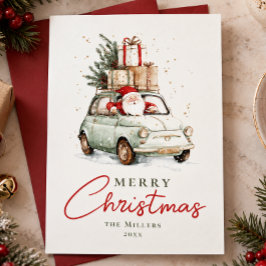 Röd Grön Santa Car Vattenfärg Jul Julkort