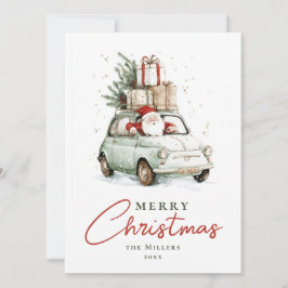 Röd Grön Santa Car Vattenfärg Jul Julkort