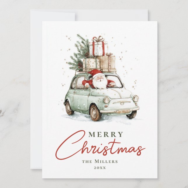 Röd Grön Santa Car Vattenfärg Jul Julkort (Framsida)