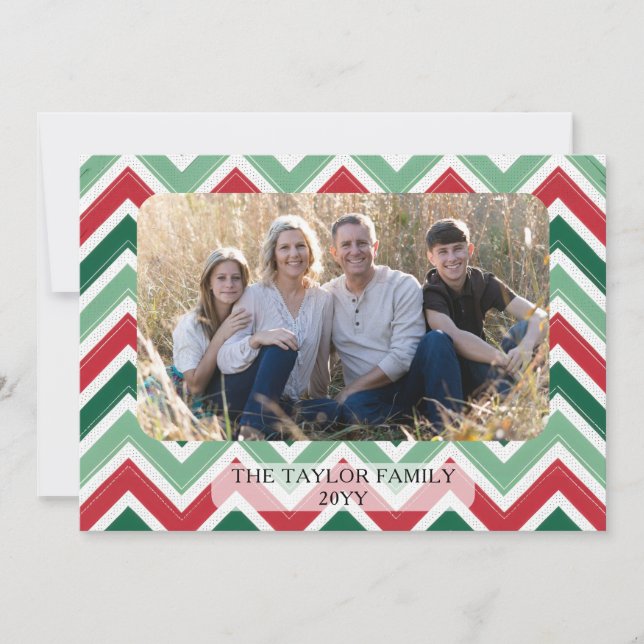 Röd Grön Sicksack Chevron Familjefoto Jul Julkort (Framsida)
