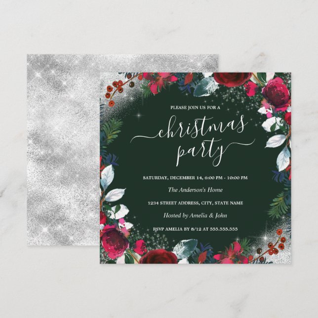 Röd Grön Silver Glitterkrans Julfest  Inbjudningar (Fram/baksida)