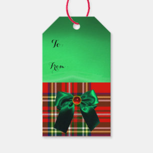 RÖD GRÖN SKOTSK TARTAN MED JULBÅGAR PRESENTETIKETT