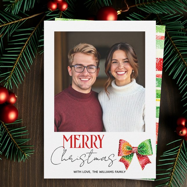 Röd, grön slinga och ränder Glad jul foto Julkort (Skapare uppladdad)