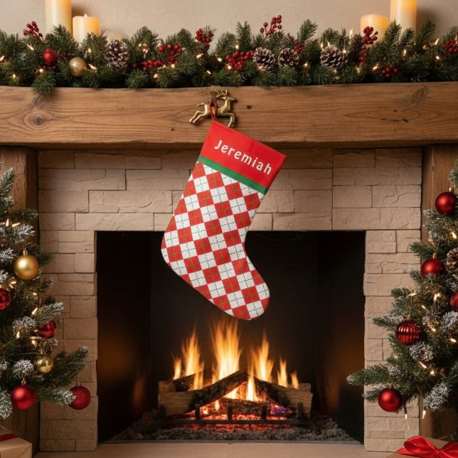 Röd Grön Vit Argyle Monogram Liten Julstrumpa (Stocking not to scale in the photo.)