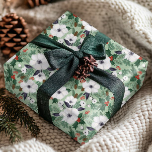 Röd Grön Vit Jul Blommig Vintermönster Presentpapper