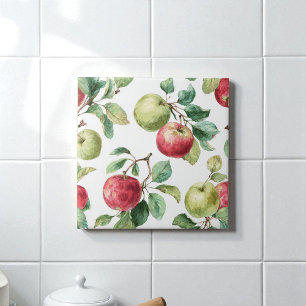 Röd Grönt Apple Fruit Mönster Watercolor Rustic Kakelplatta