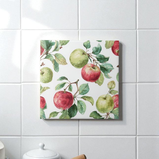 Röd Grönt Apple Fruit Mönster Watercolor Rustic Kakelplatta (Red Green Apple Fruit Pattern Watercolor Rustic Ceramic Tile)