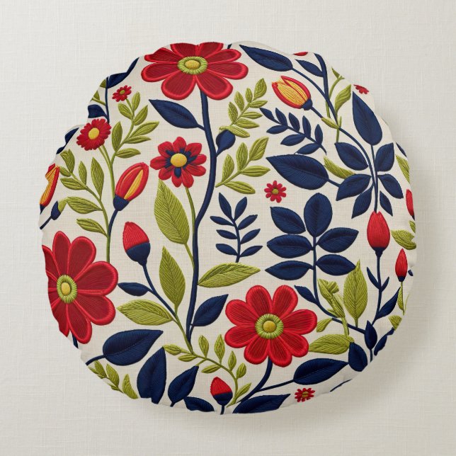 Röd, grönt, blå och vit blommigt rund kudde (Framsidan)