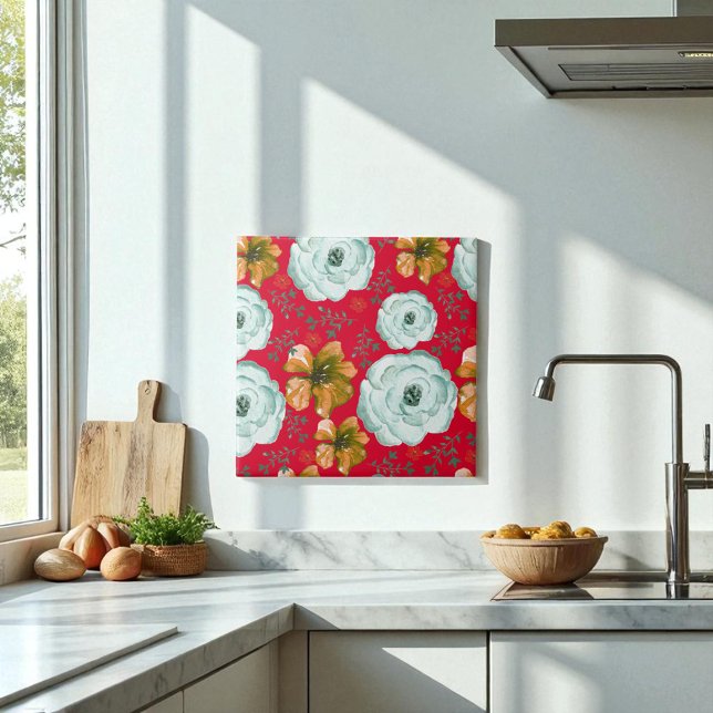 Röd Grönt Blommigt för vattenfärg Kakelplatta (Skapare uppladdad)