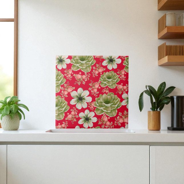 Röd Grönt Blommigt för vattenfärg Kakelplatta (Skapare uppladdad)