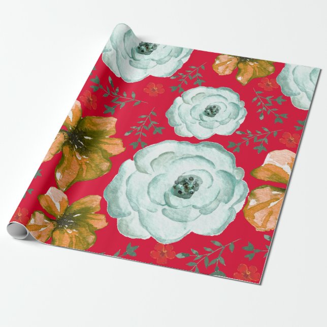 Röd Grönt Blommigt för vattenfärg Presentpapper (Utrullad)