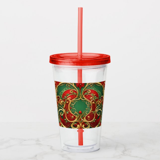 Röd Grönt Blommigt Jul Helgdag Akryltumbler Take Away Mugg (Framsida)