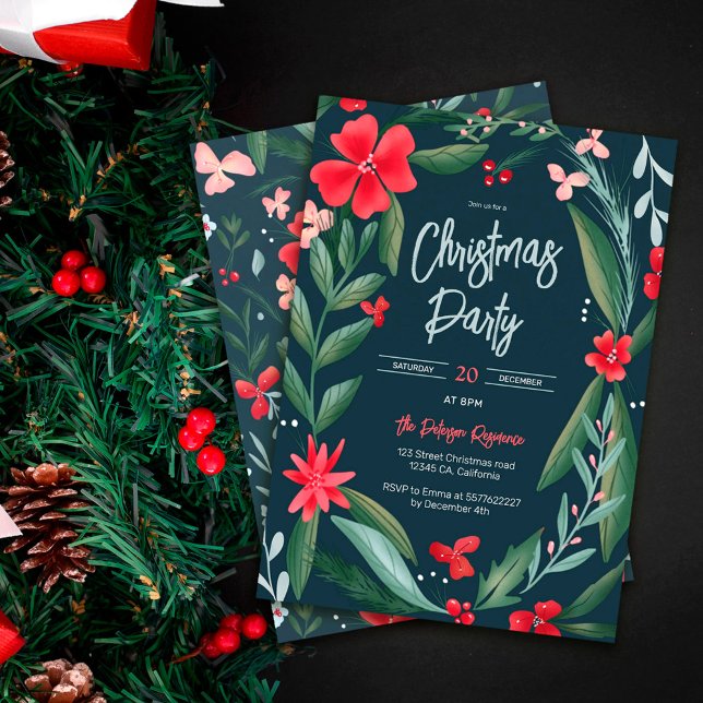 Röd grönt blommigt Utandning mönster jul Inbjudningar (Skapare uppladdad)