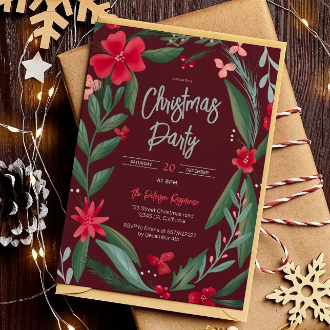 Röd grönt blommigt Utandning mönster jul röd  Inbjudningar (Red green floral wreath pattern Christmas red Invitation)