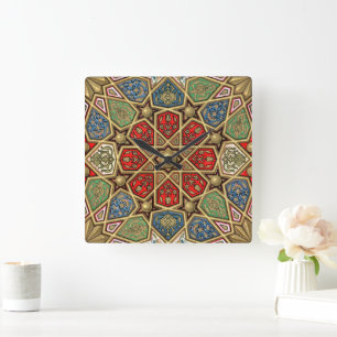 Röd Grönt Blue Faux Guld Arabiska Art Mönster Fyrkantig Klocka