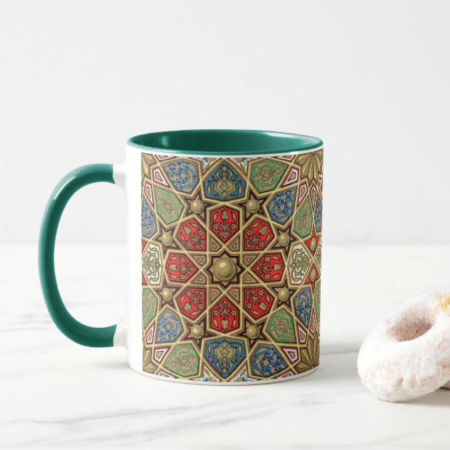 Röd Grönt Blue Faux Guld Arabiska Art Mönster Mugg (Med munk)